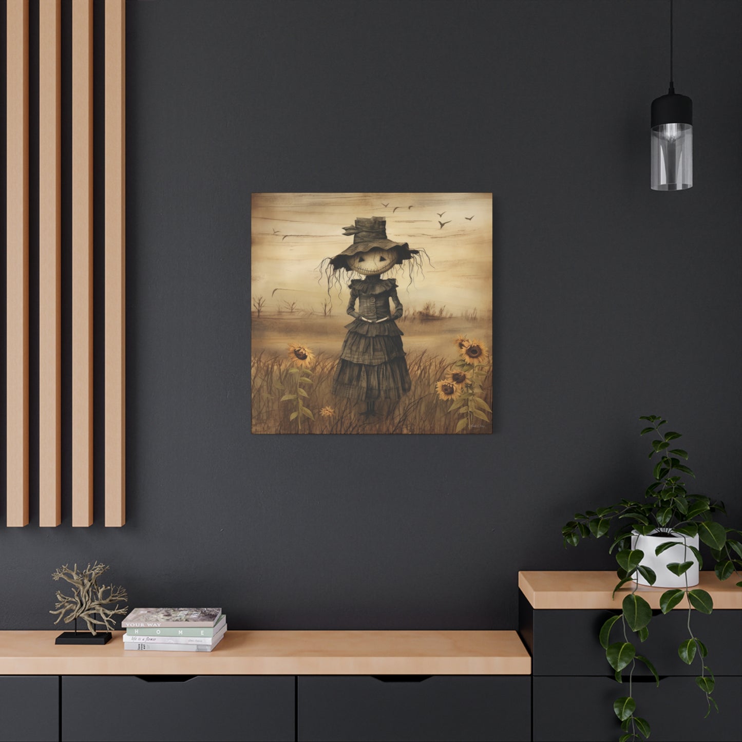 Halloween Scarecrow Canvas, Spooky Fall Decor, Autumn Wall Art, Trick or Treat Decoration, Scary Halloween Artwork, Pumpkin and Crow Design