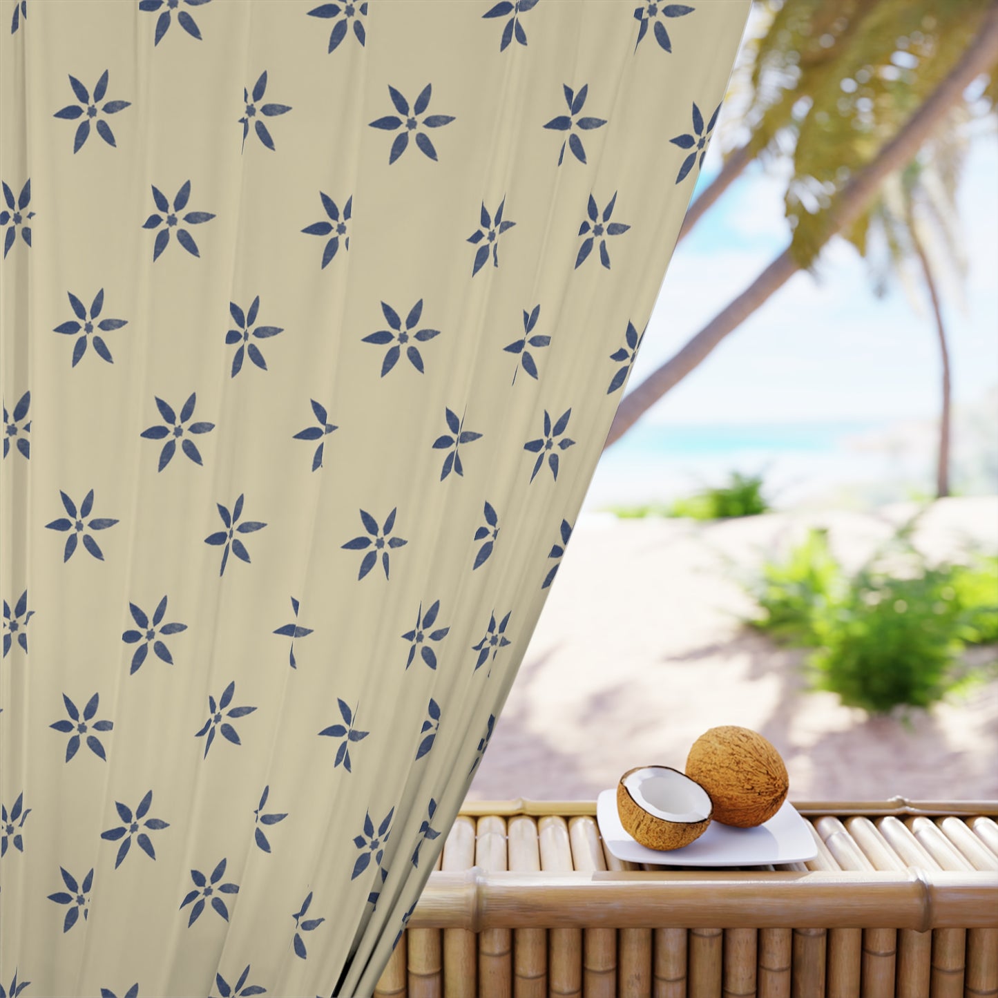 Blue on Cream/Tan Window Curtains (1 Piece)