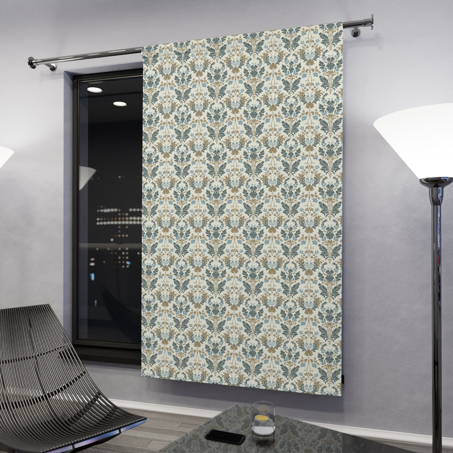 Blue and Tan Damask Window Curtains (1 Piece)