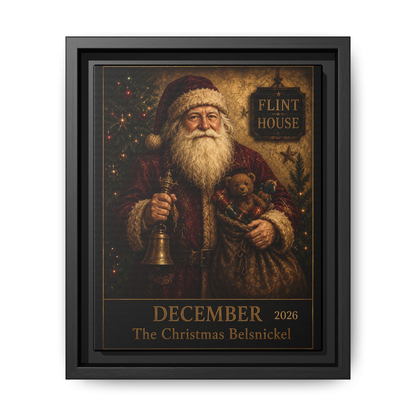 Framed Vintage Santa Canvas – “December The Christmas Belsnickel” Holiday Wall Art FLINT HOUSE COLLECTIONS