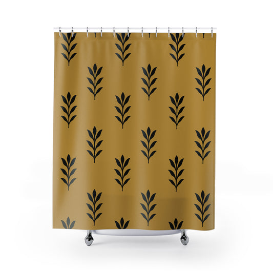 Mustard and Black Stencil Leaf  Shower Curtain, Bathroom Decor, Leaf Print Curtain, Unique Home Accessory,