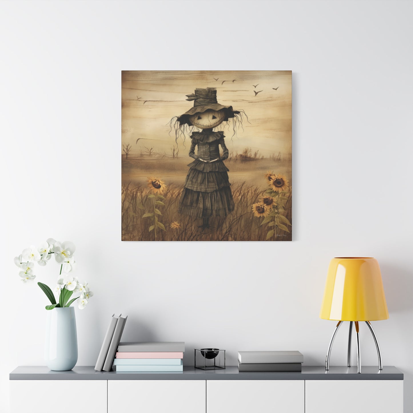 Halloween Scarecrow Canvas, Spooky Fall Decor, Autumn Wall Art, Trick or Treat Decoration, Scary Halloween Artwork, Pumpkin and Crow Design