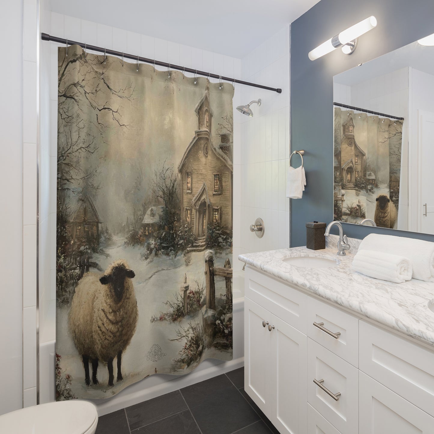 Cozy Winter Shower Curtain, Rustic Bathroom Decor, Sheep and Winter Landscape, Farmhouse Style, Holiday Gift Idea