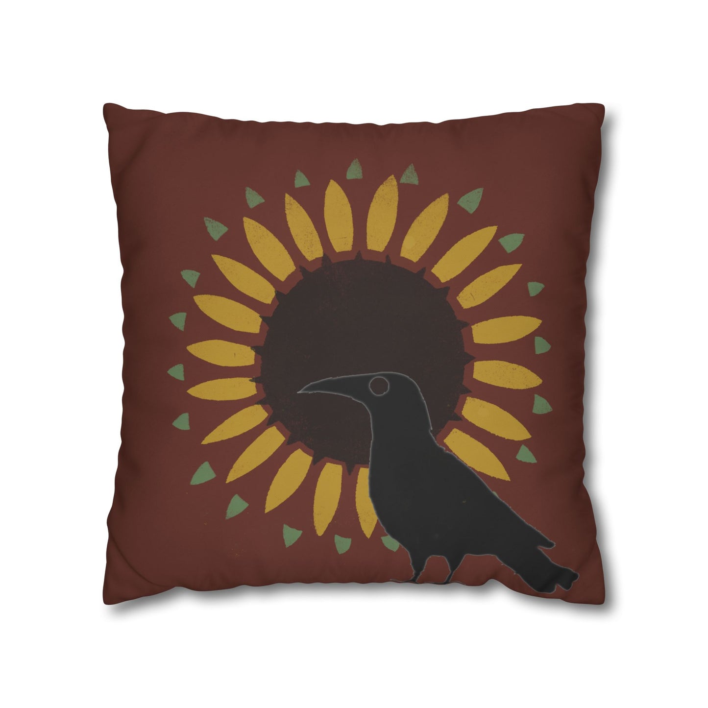 Crow and Sunflower Stencil on Red Square Poly Canvas Pillowcase