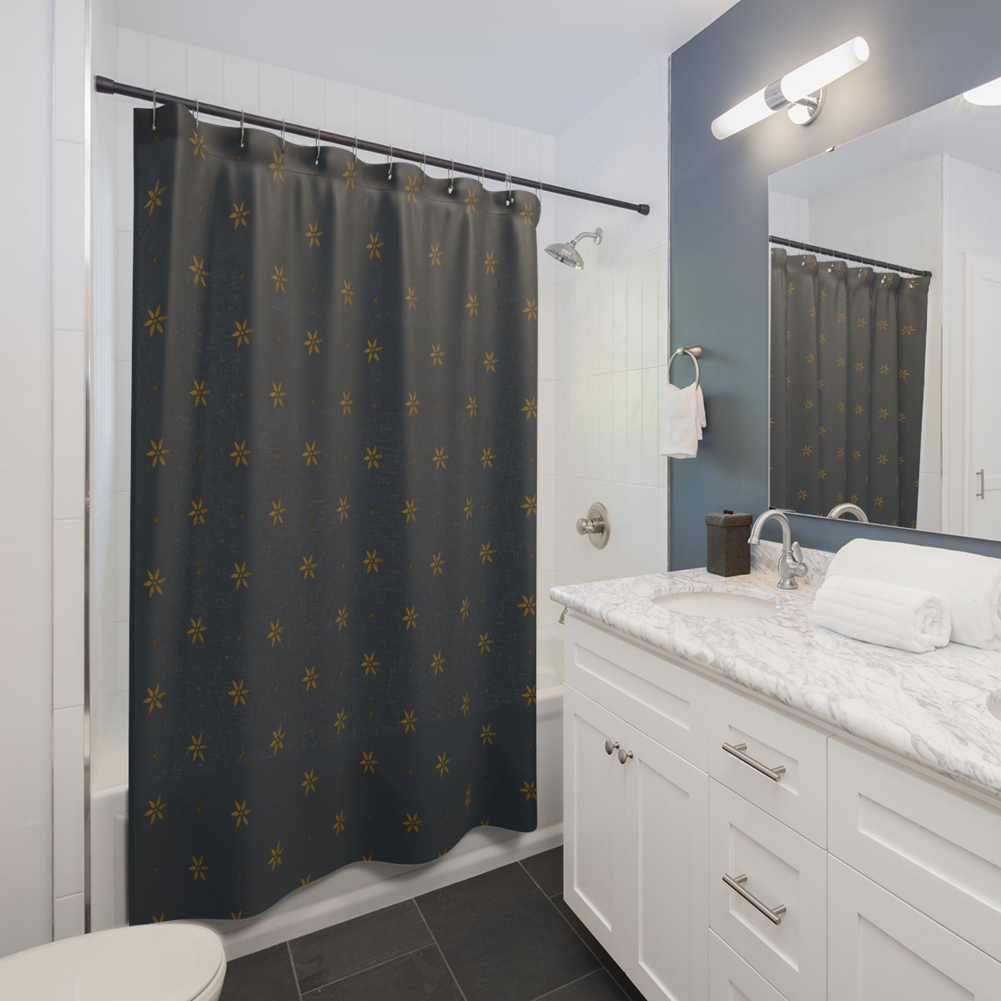 Mustard Stencil on Blue Early American Petals Shower Curtains