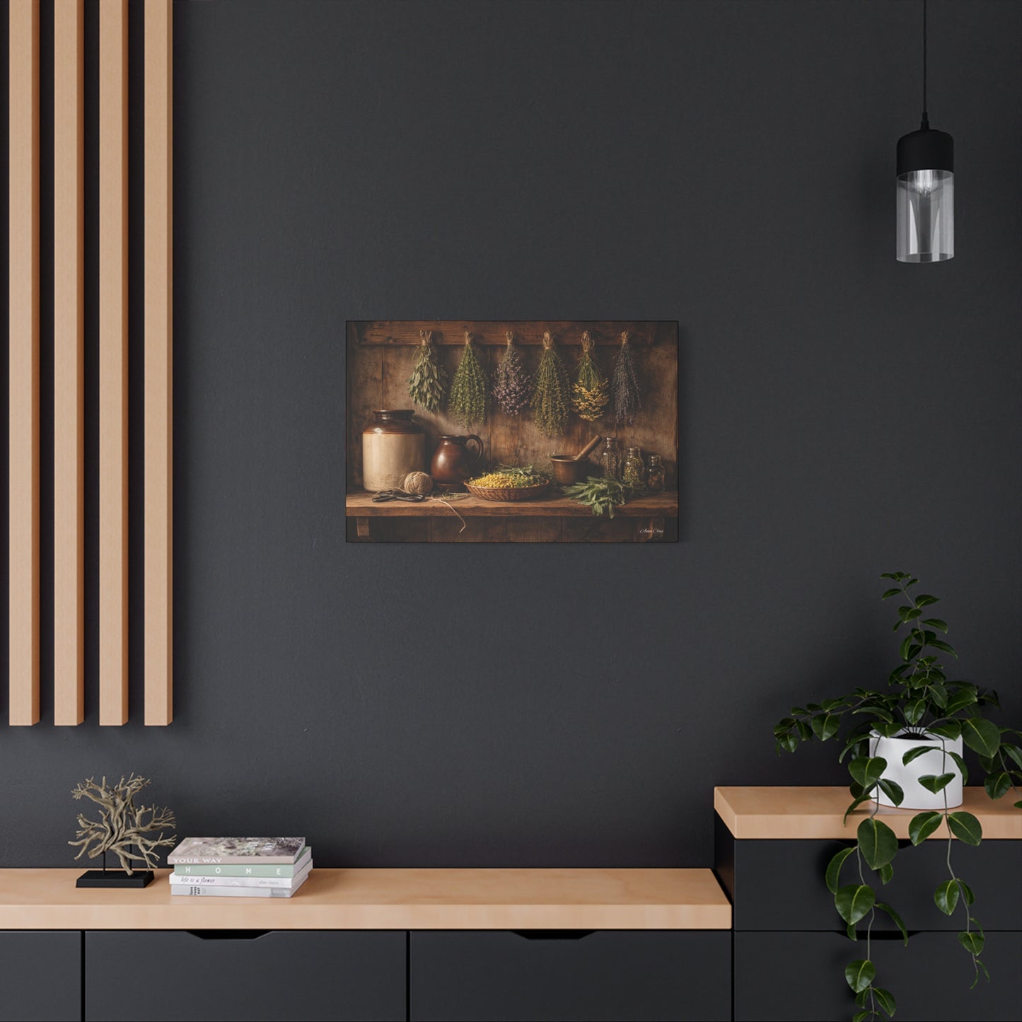 Domestic Rustic Herbal Kitchen Canvas Wall Art — Dried Herbs Still Life Matte Stretched Print