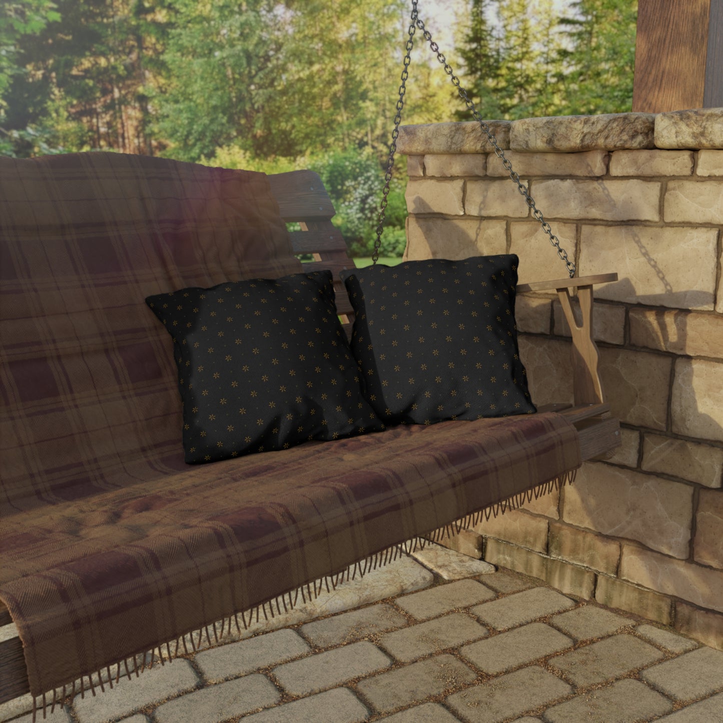 Mustard Petals on Black Outdoor Pillows