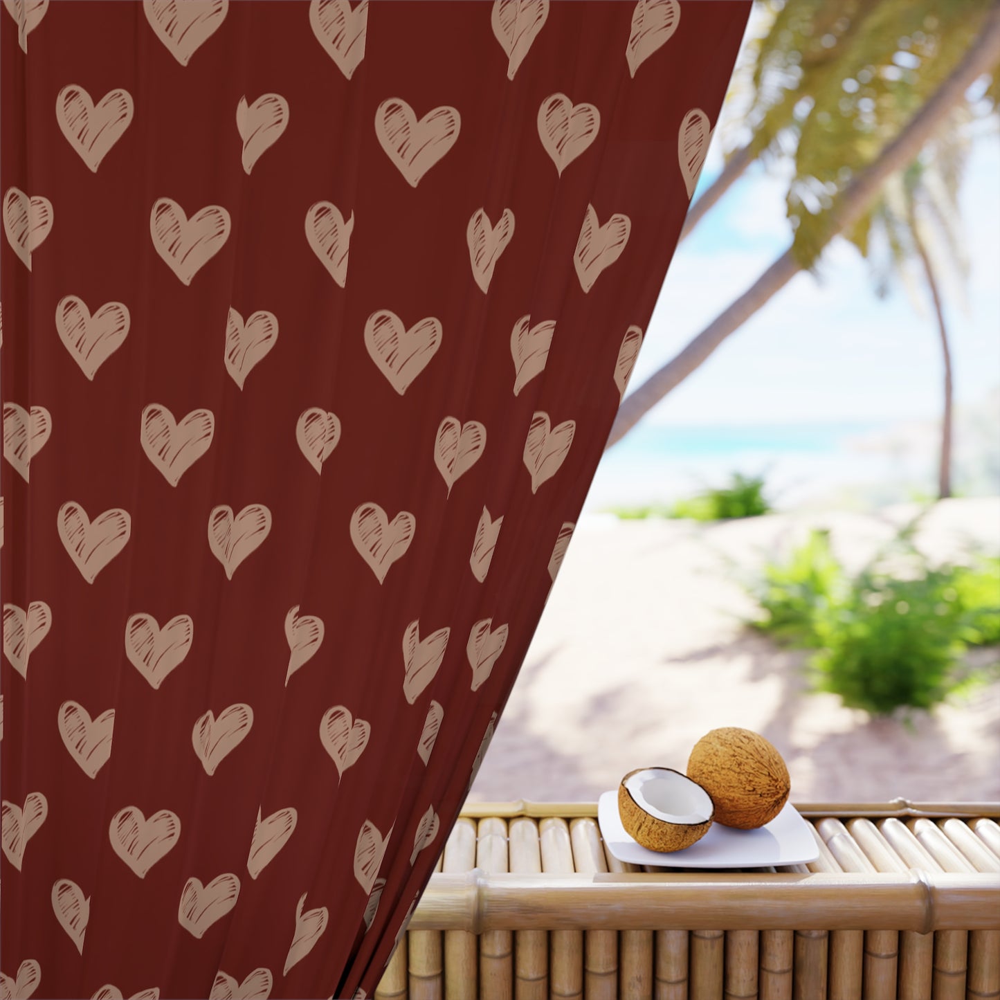 Cream Hearts Stencil on Brick Red Window Curtains (1 Piece)