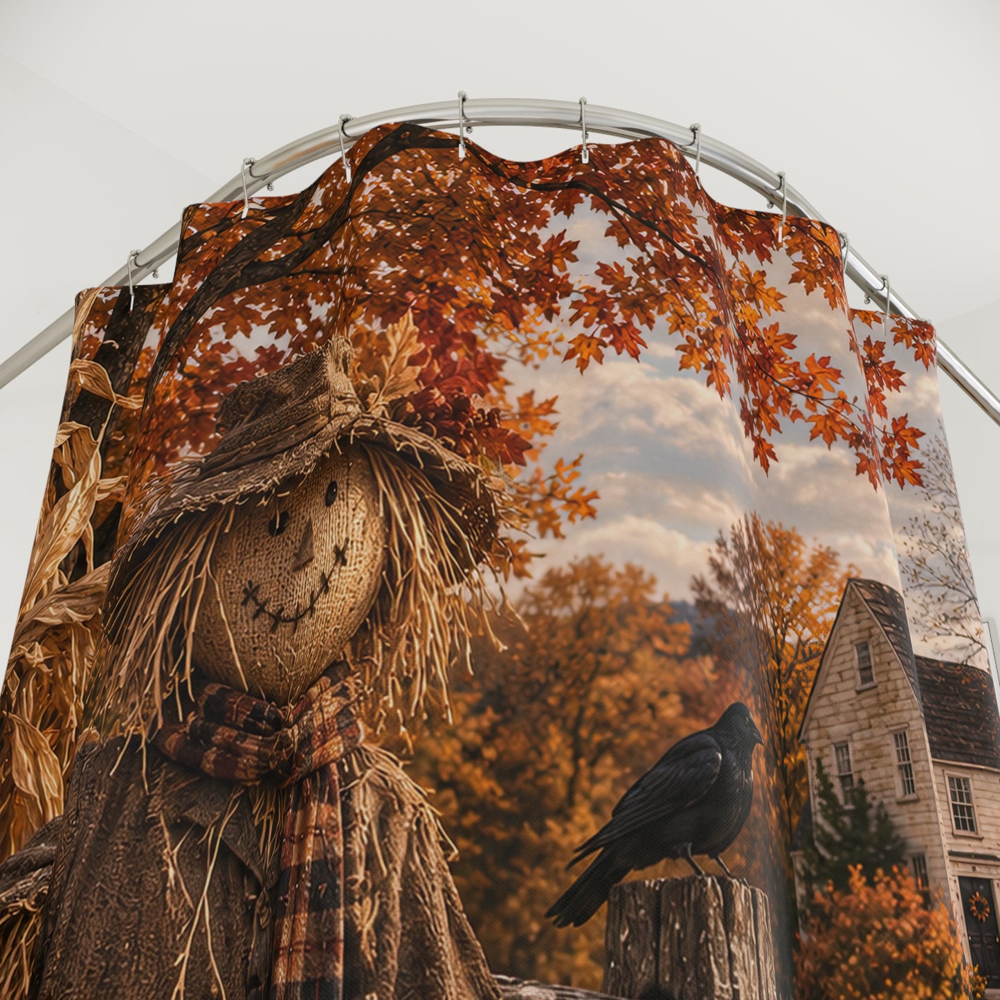 Autumn Scarecrow Shower Curtain — Rustic Fall Pumpkin Farm Bathroom Decor