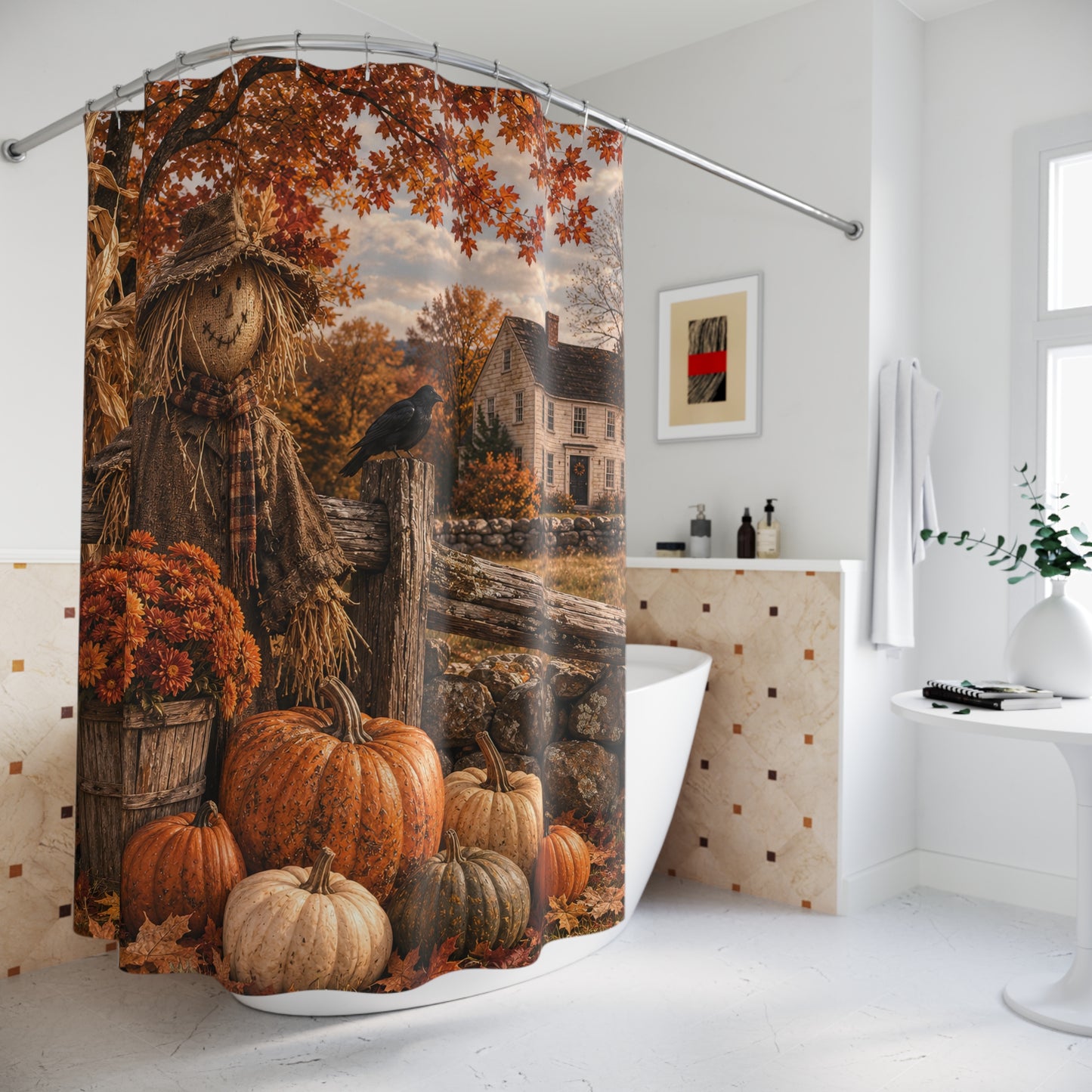 Autumn Scarecrow Shower Curtain — Rustic Fall Pumpkin Farm Bathroom Decor
