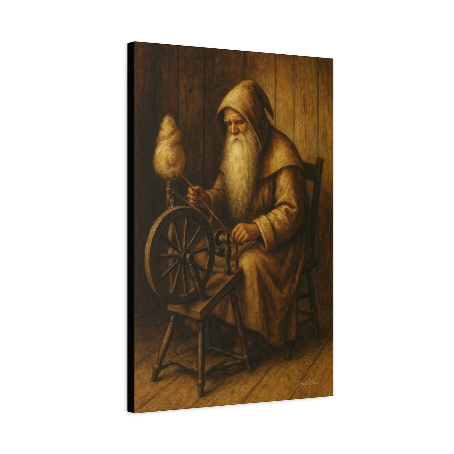 Spinning Wheel Santa, Canvas Print, Cozy Home Decor, Art for Craft Lovers, Perfect Gift for Holidays, Wall Art, Old World Santa