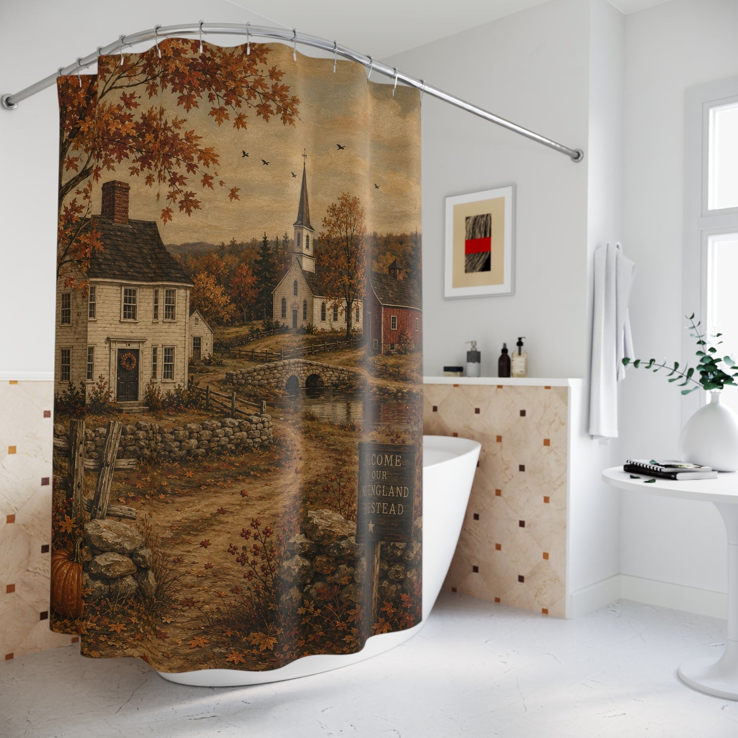 Autumn Village Shower Curtain — Cozy Fall Country Church Bathroom Decor