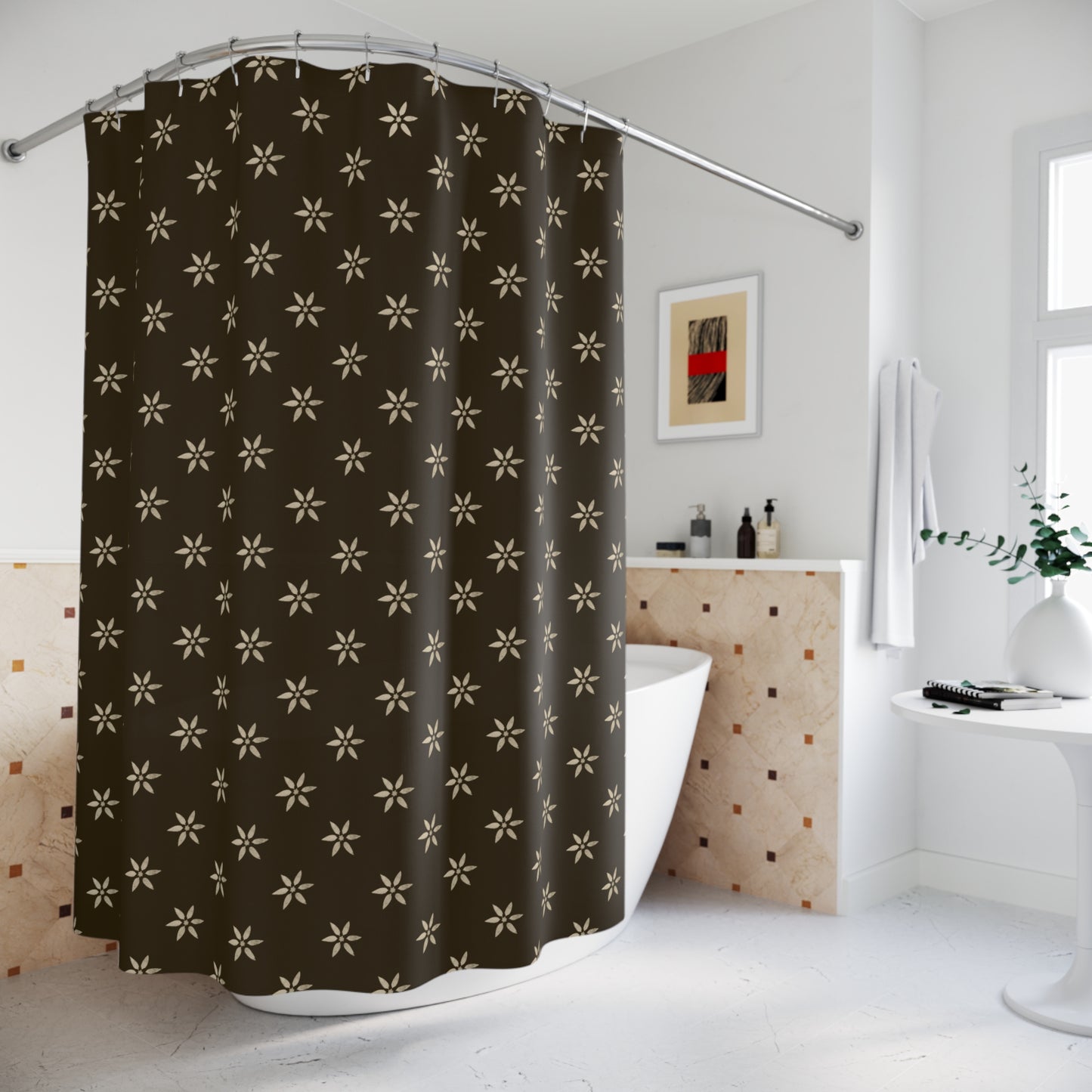 Cream Flower on Olive Brown Shower Curtains