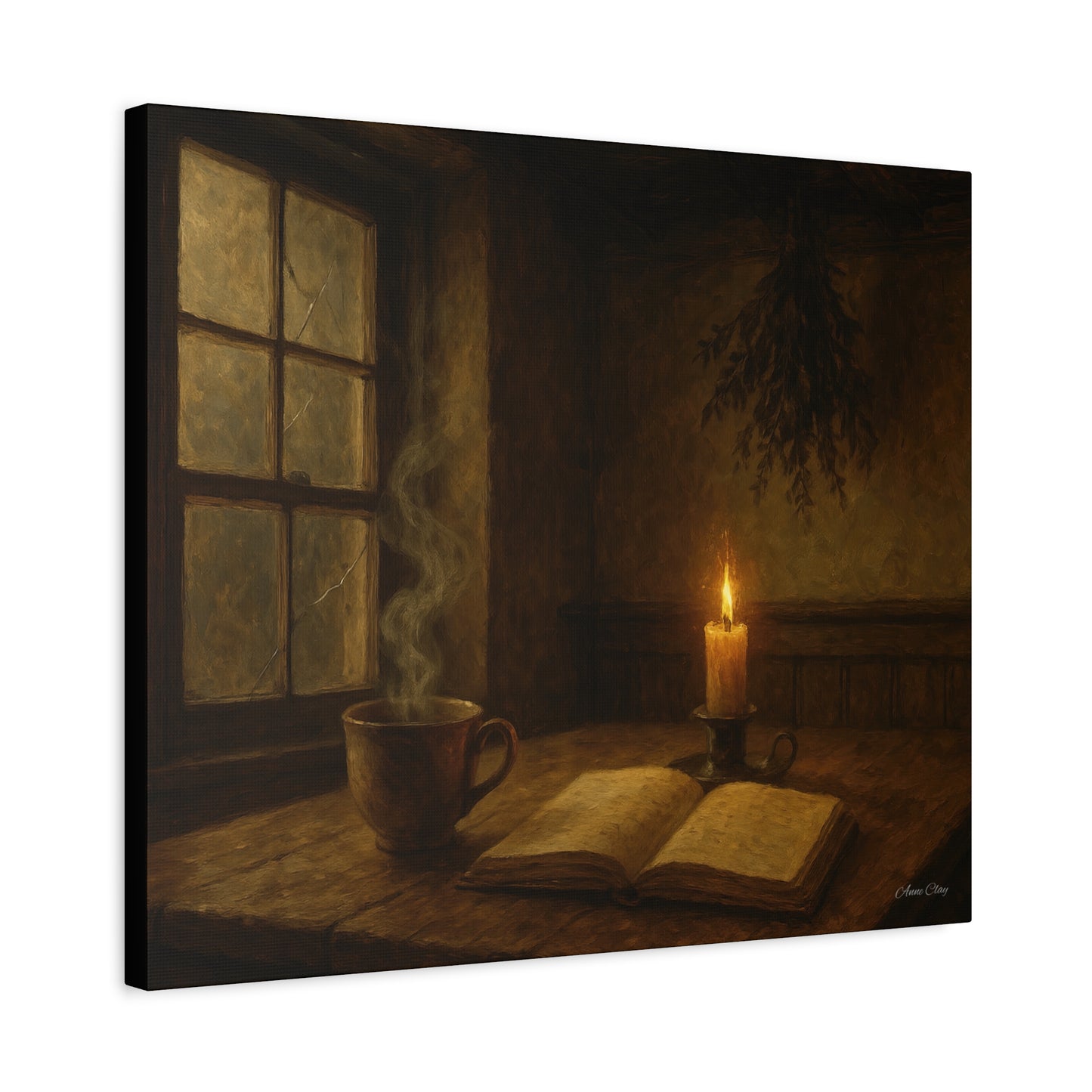 Cozy Candlelit Canvas Art, Wall Decor, Rustic Home Decor, Coffee Lovers Gift, Relaxing Room Artwork, Gift for Book Lovers