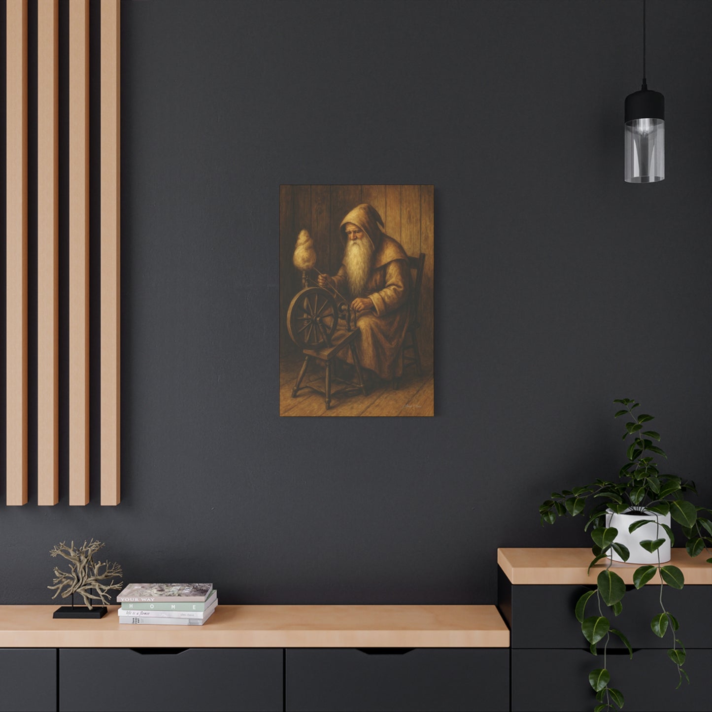 Spinning Wheel Santa, Canvas Print, Cozy Home Decor, Art for Craft Lovers, Perfect Gift for Holidays, Wall Art, Old World Santa