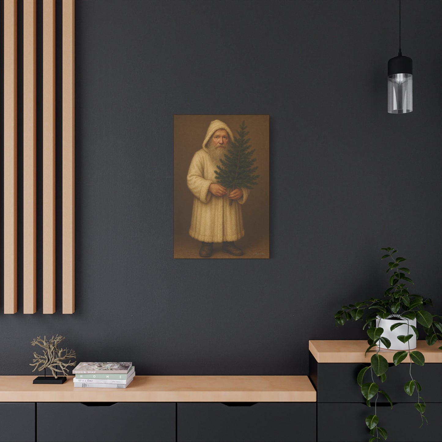 Holiday Canvas Art Print - Cozy Santa with Christmas Tree