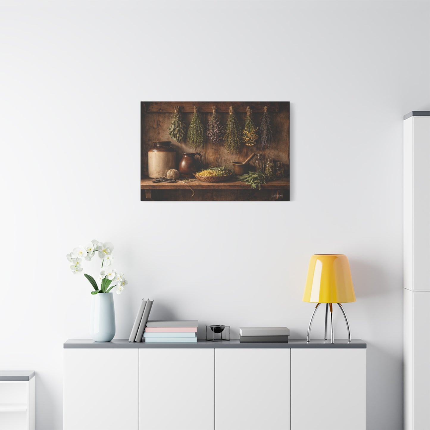 Domestic Rustic Herbal Kitchen Canvas Wall Art — Dried Herbs Still Life Matte Stretched Print