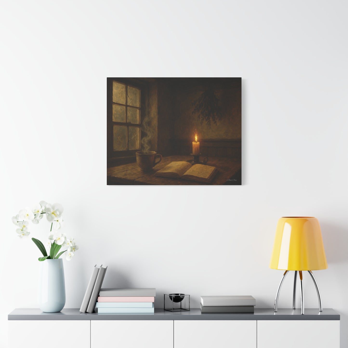 Cozy Candlelit Canvas Art, Wall Decor, Rustic Home Decor, Coffee Lovers Gift, Relaxing Room Artwork, Gift for Book Lovers