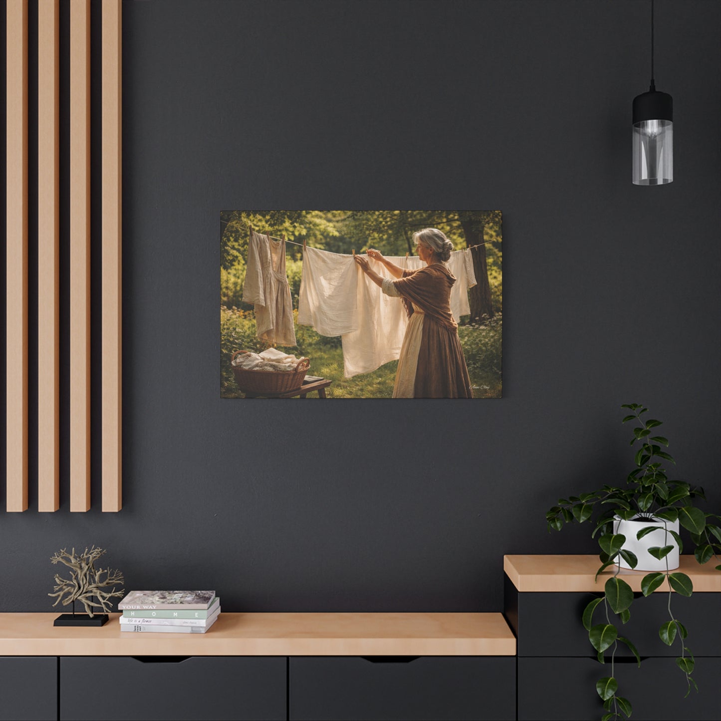 Domestic Canvas Wall Art — Vintage Woman Hanging Laundry, Rustic Cottagecore Home Decor