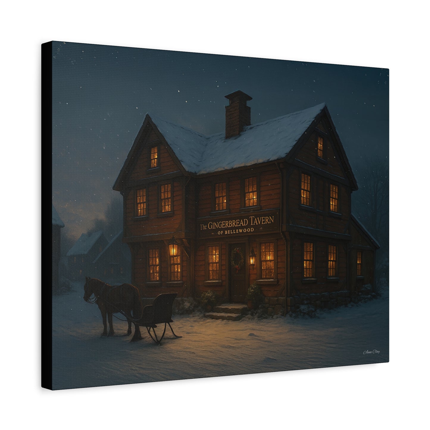 Gingerbread Tavern Winter Night Matte Stretched Canvas