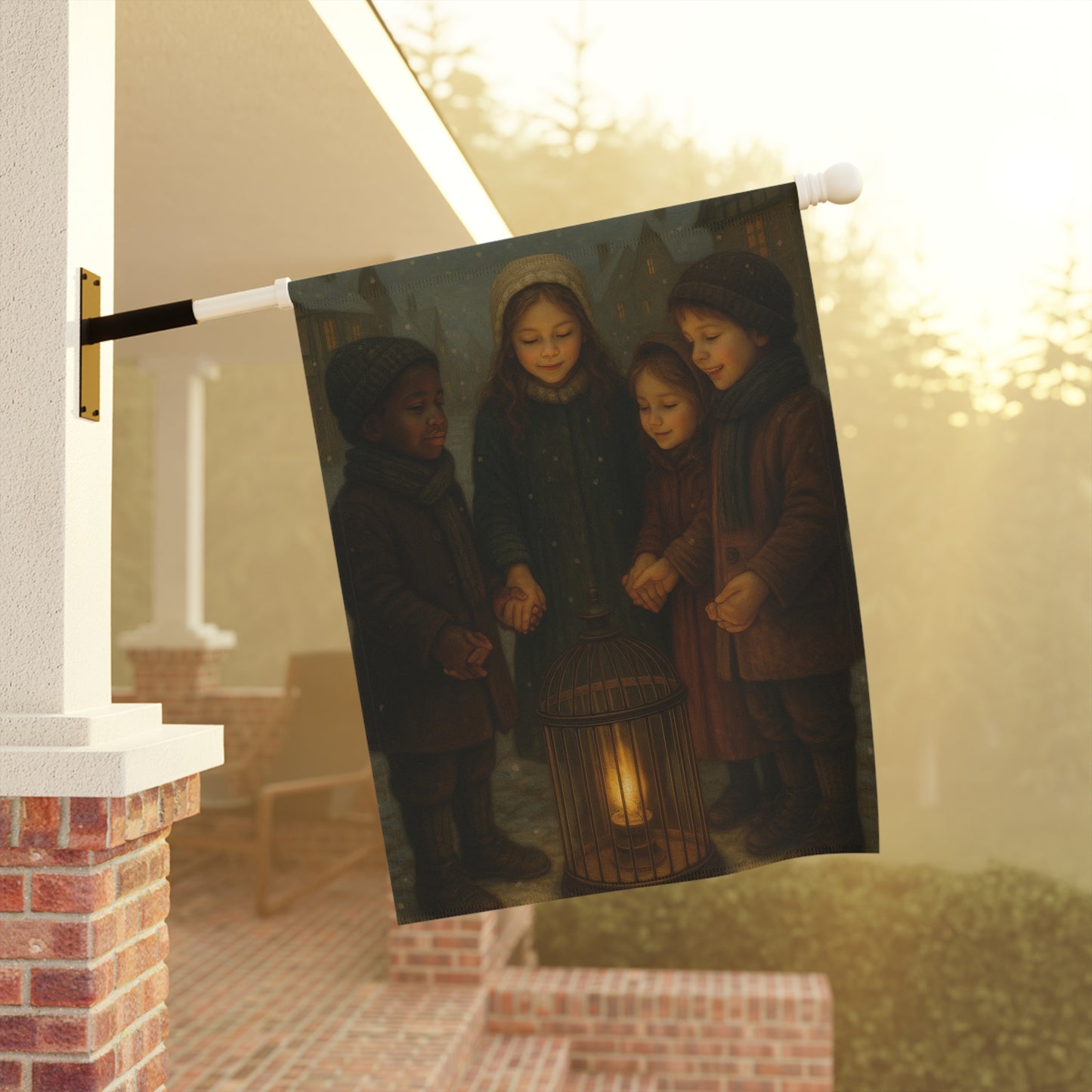 Festive Garden Flag with Children and Lantern Design