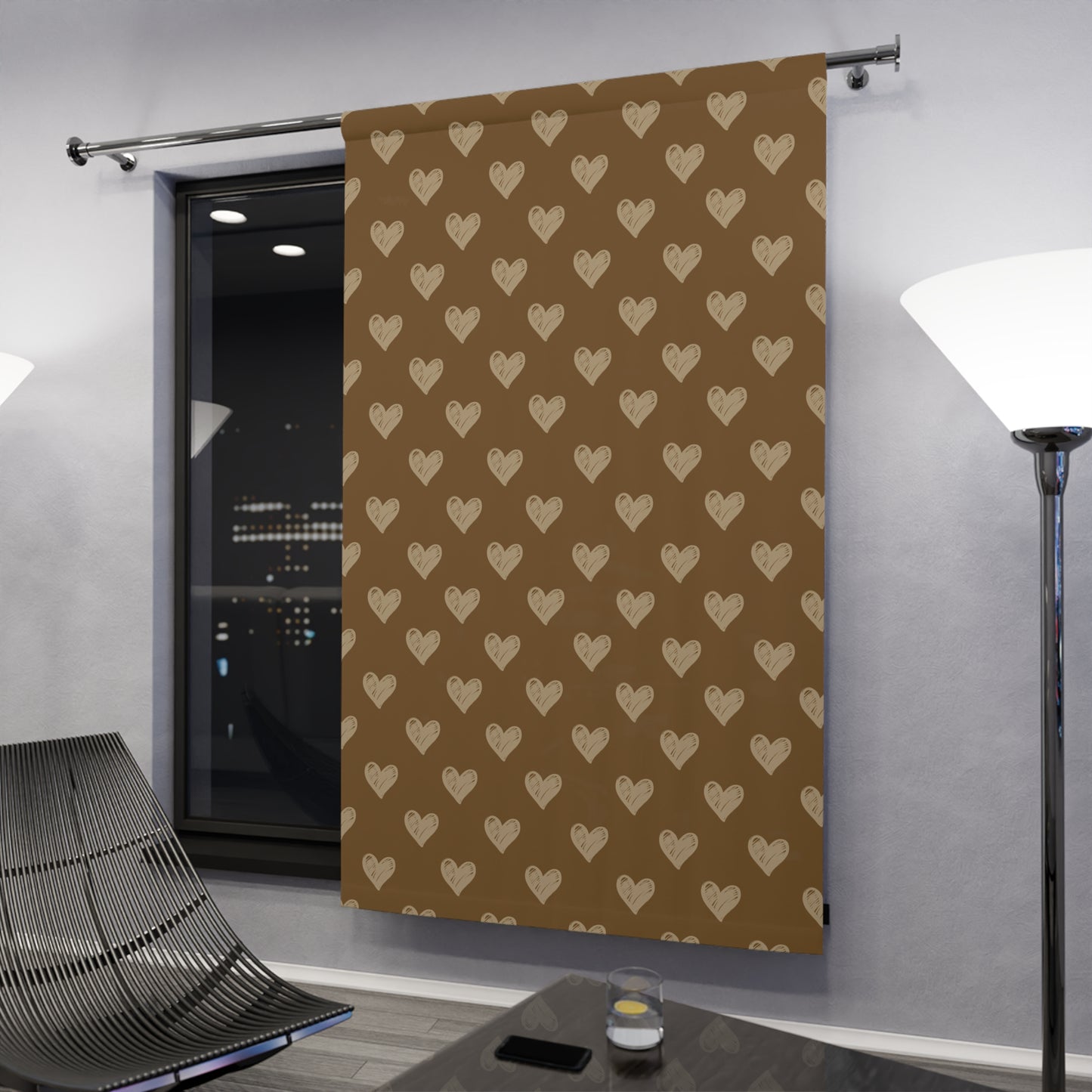 Cream Stencil Hearts on Latte Window Curtains (1 Piece)
