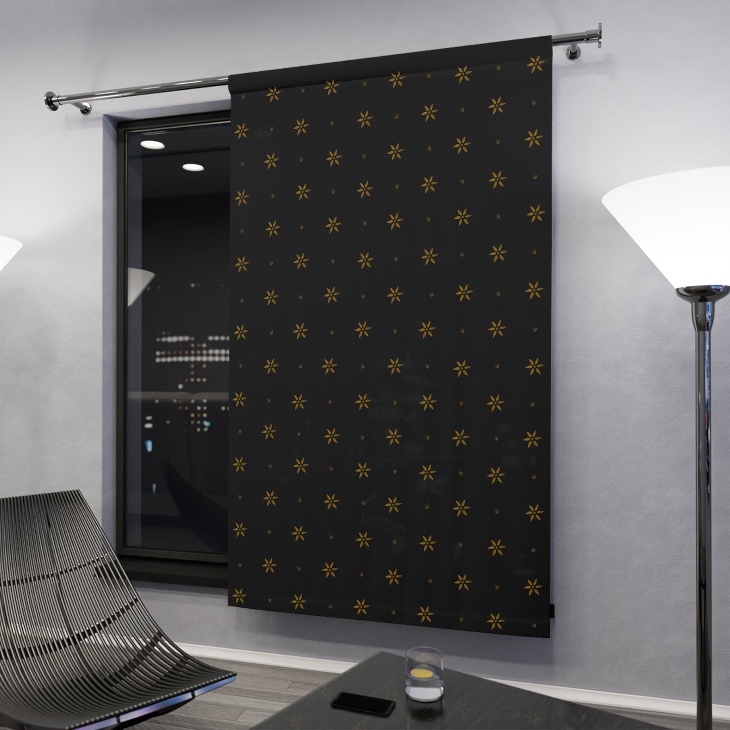 Gold on Black Stencil Window Curtains (1 Piece)