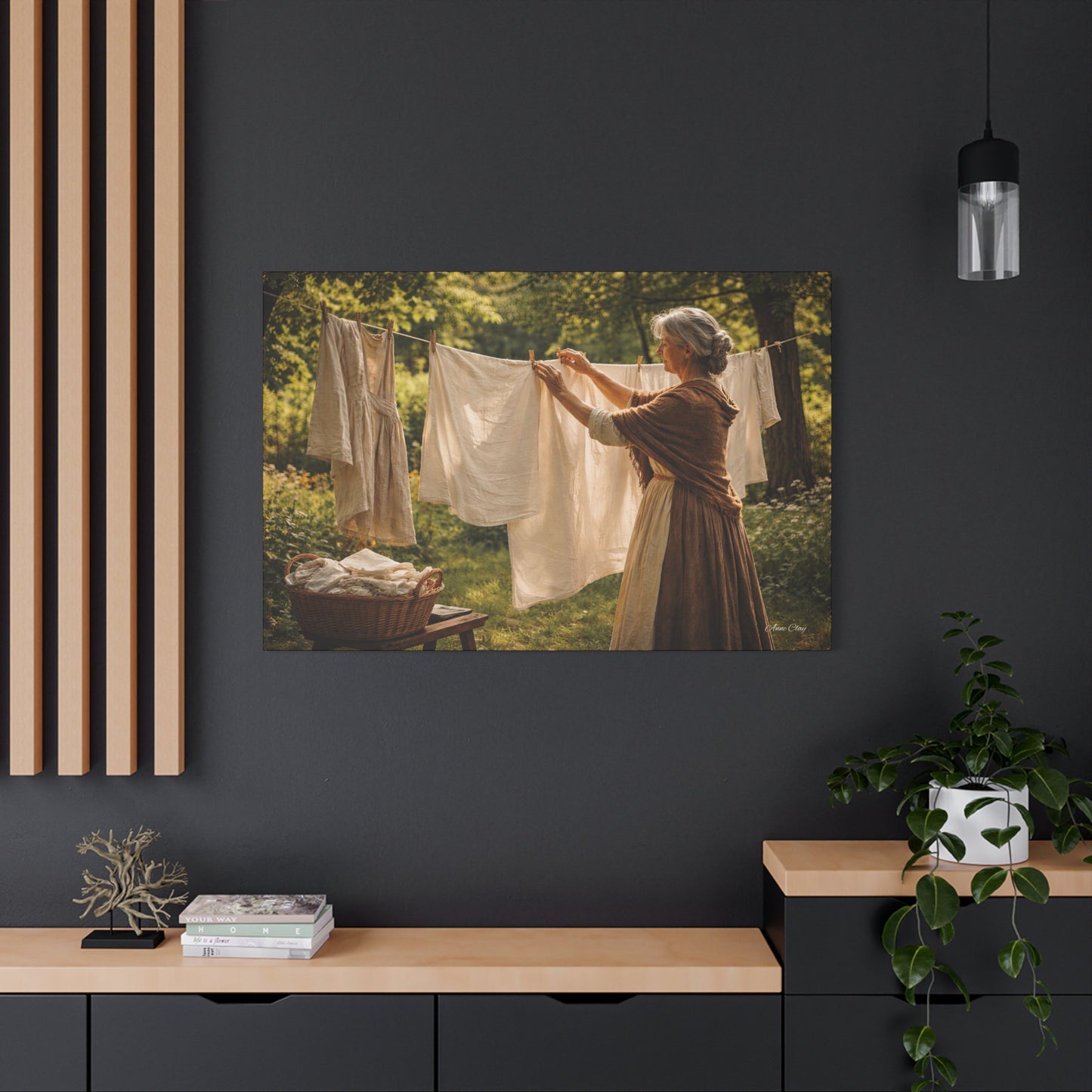 Domestic Canvas Wall Art — Vintage Woman Hanging Laundry, Rustic Cottagecore Home Decor