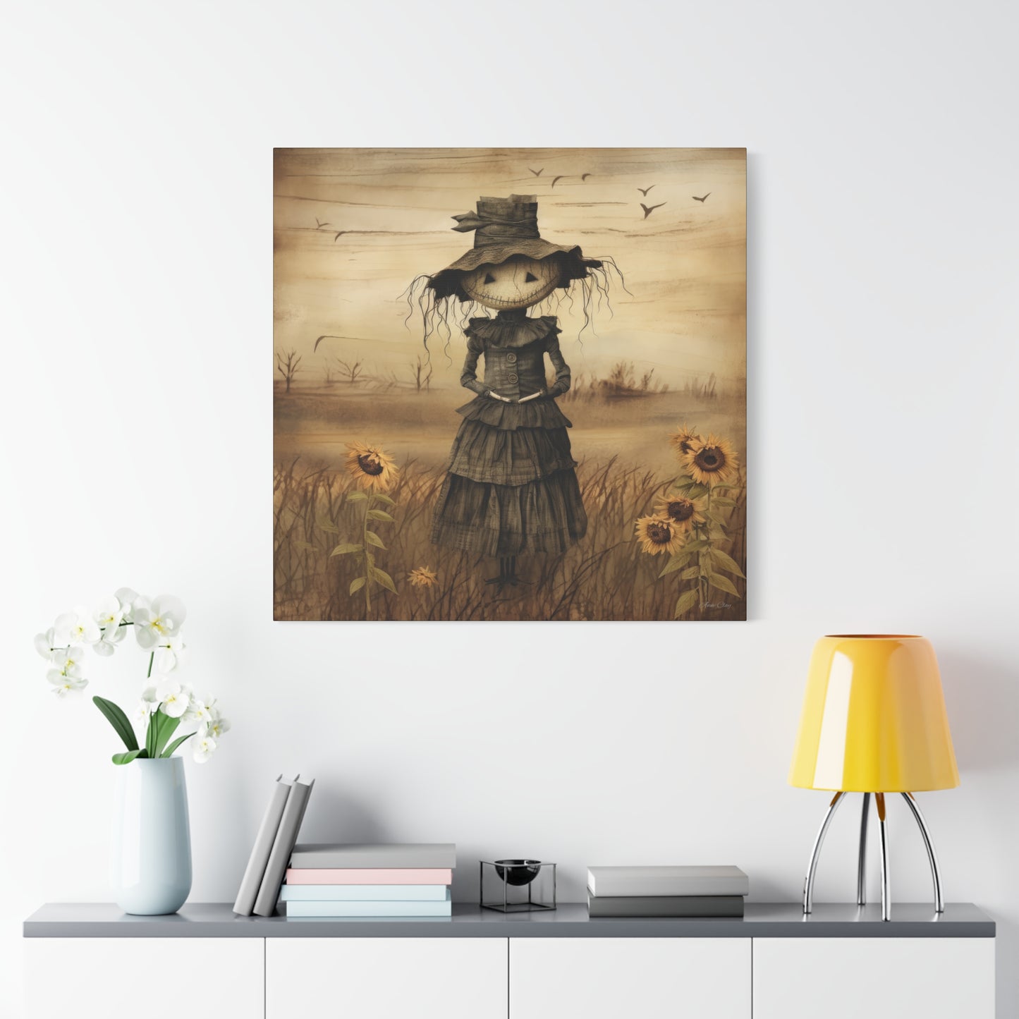 Halloween Scarecrow Canvas, Spooky Fall Decor, Autumn Wall Art, Trick or Treat Decoration, Scary Halloween Artwork, Pumpkin and Crow Design