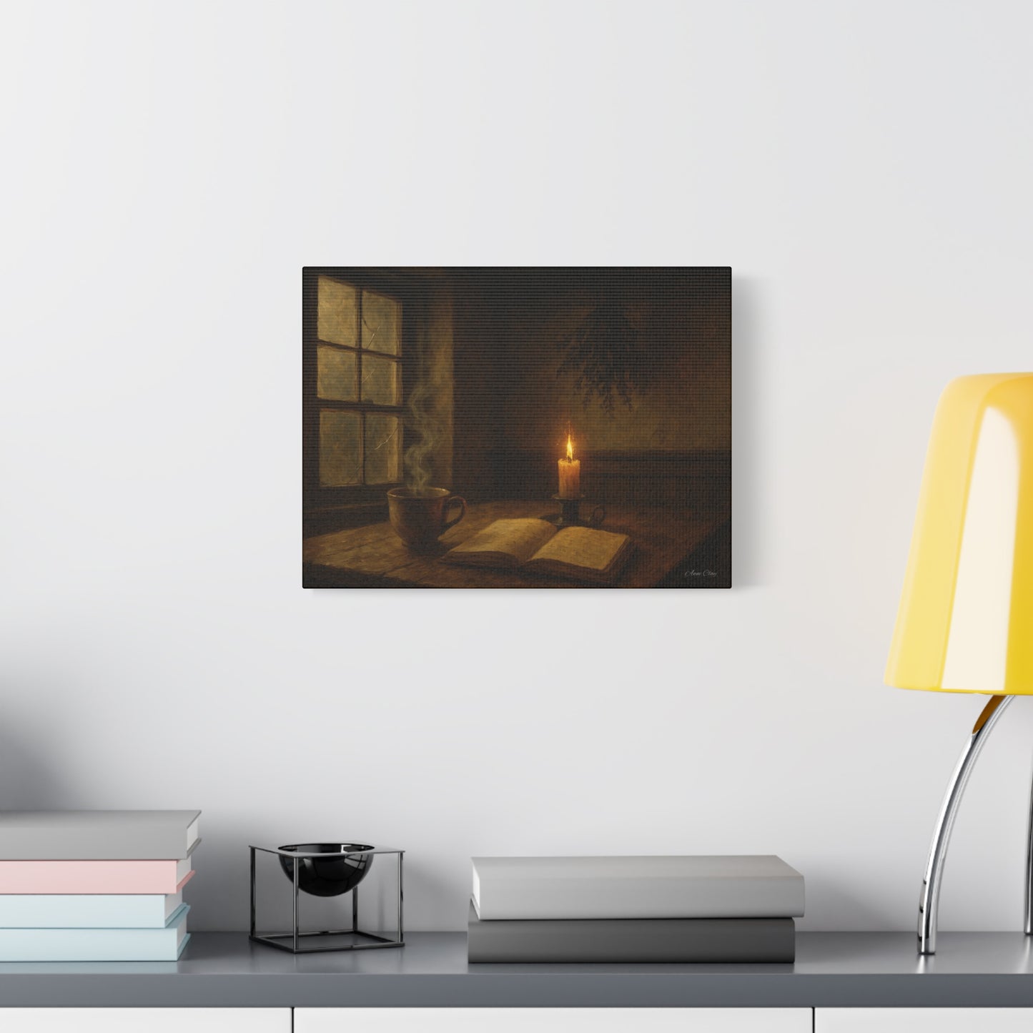 Cozy Candlelit Canvas Art, Wall Decor, Rustic Home Decor, Coffee Lovers Gift, Relaxing Room Artwork, Gift for Book Lovers