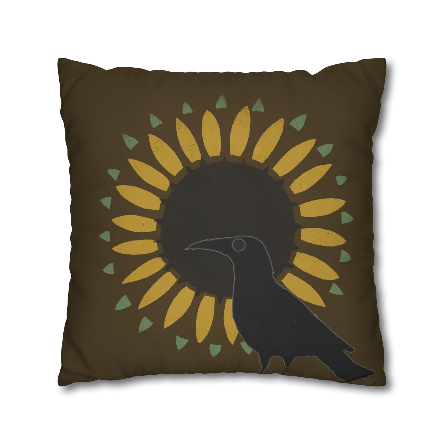 Sunflower and Crow on Brown/Green Square Poly Canvas Pillowcase