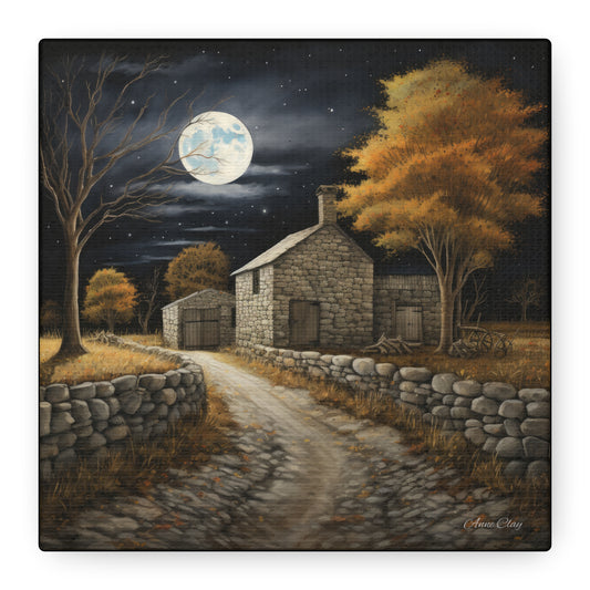 Rustic Moonlit Landscape Canvas, Home Decor Artwork, Cozy Autumn Vibes, Country Cottage Wall Art, Perfect Gift for Nature Lovers