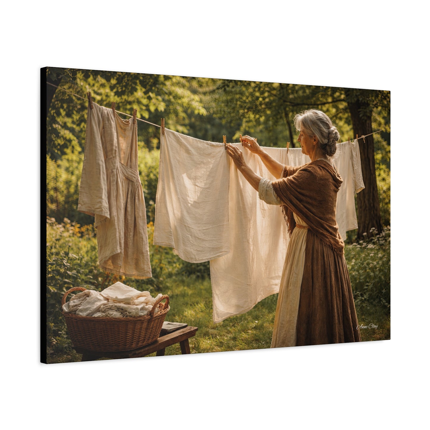 Domestic Canvas Wall Art — Vintage Woman Hanging Laundry, Rustic Cottagecore Home Decor