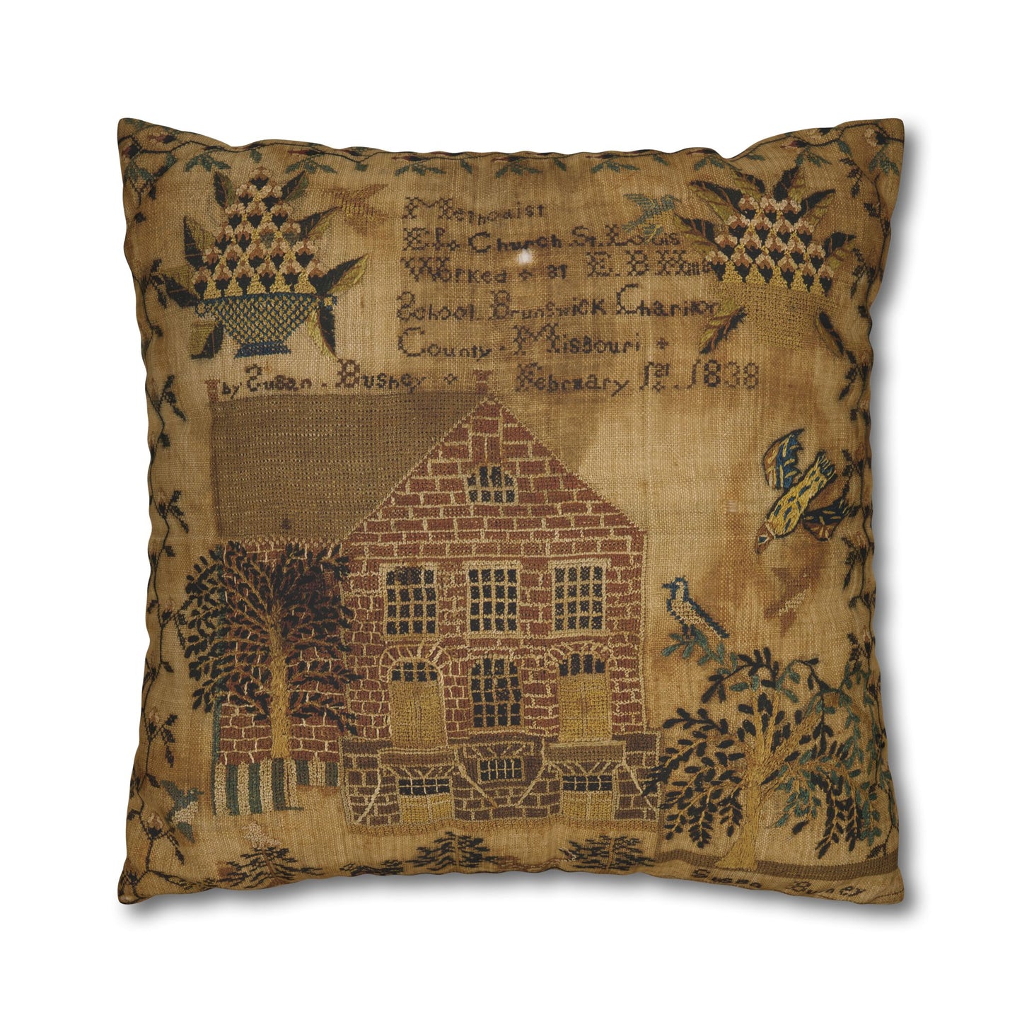 Vintage-Inspired Square Poly Canvas Pillowcase - Rustic Home Decor with Historic Schoolhouse Design