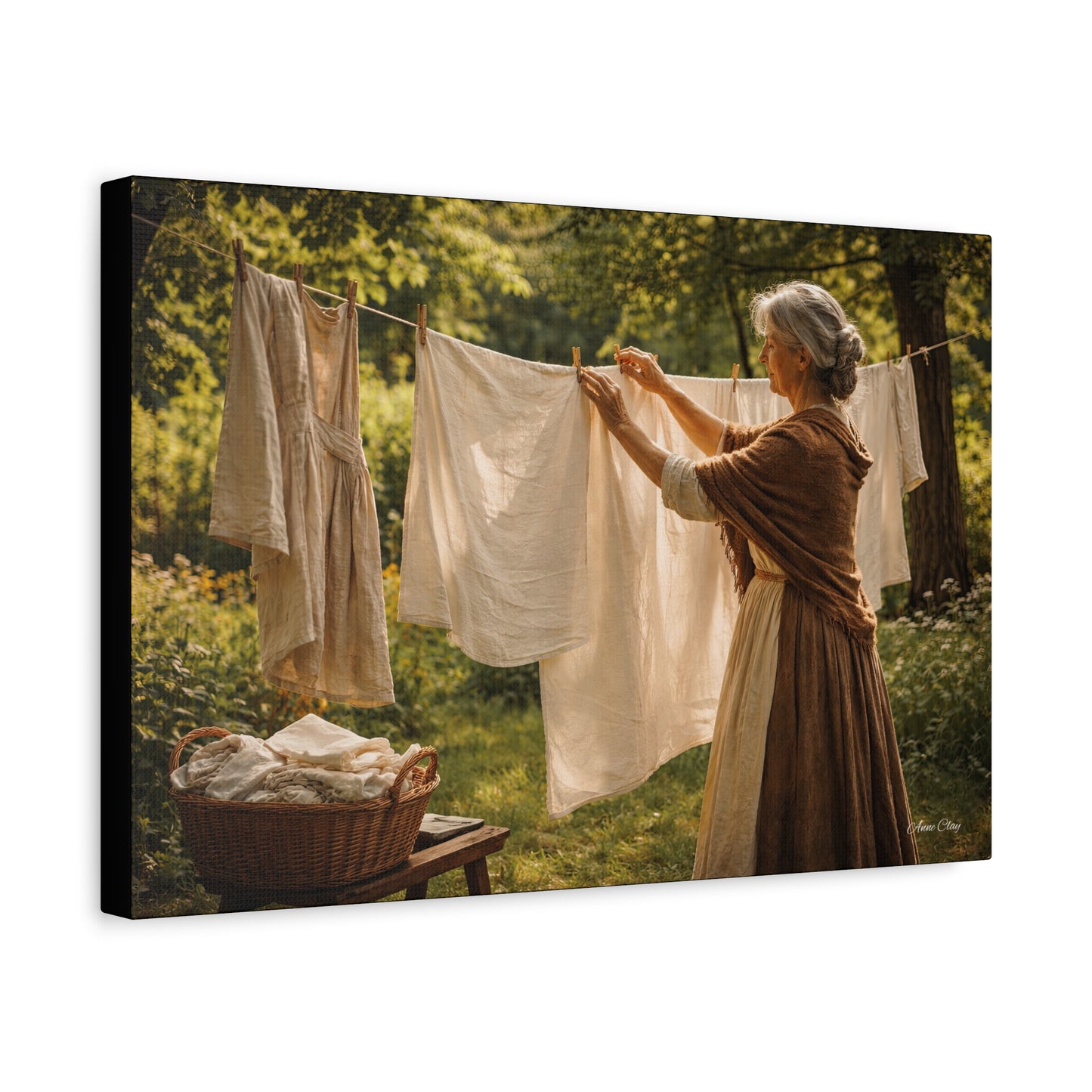 Domestic Canvas Wall Art — Vintage Woman Hanging Laundry, Rustic Cottagecore Home Decor