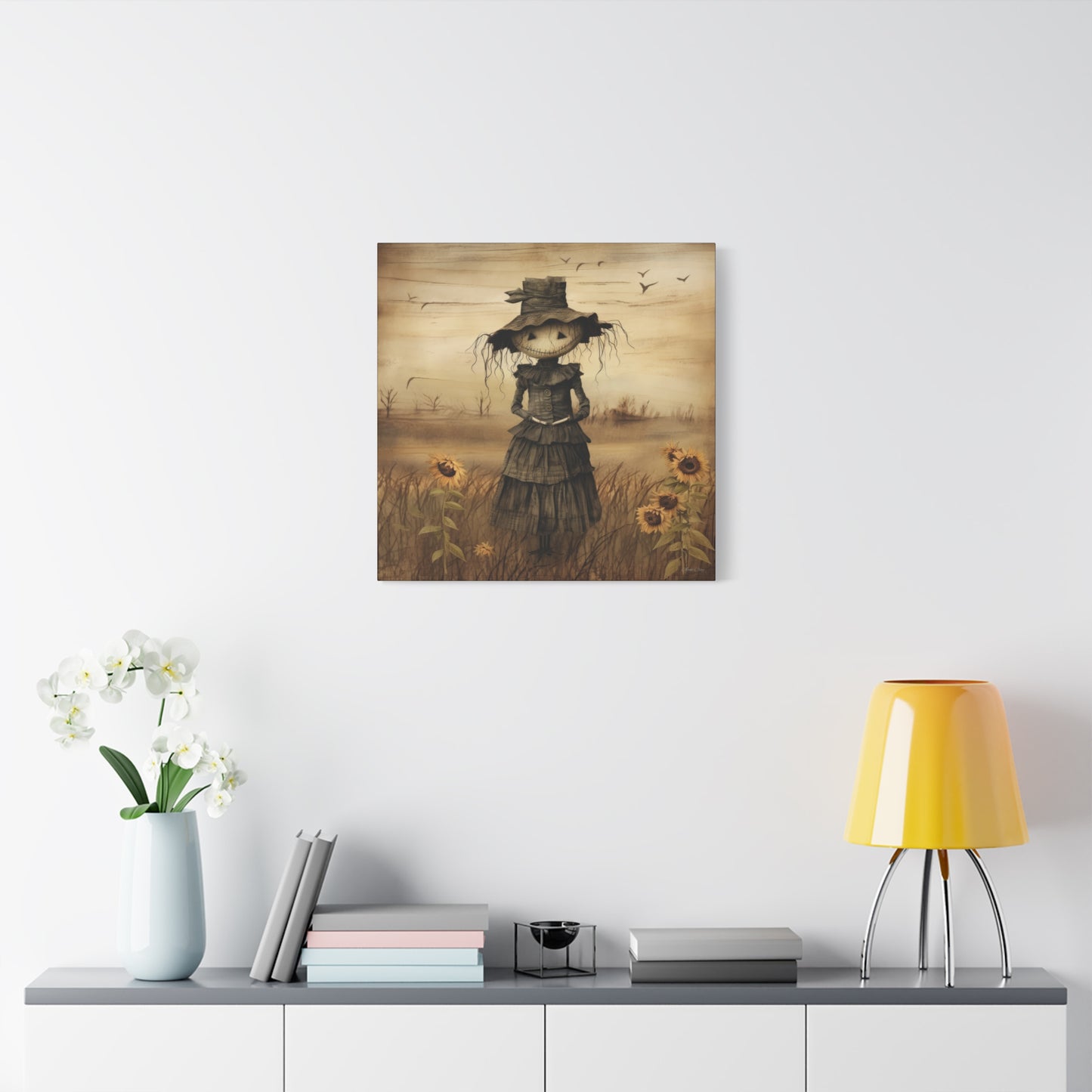 Halloween Scarecrow Canvas, Spooky Fall Decor, Autumn Wall Art, Trick or Treat Decoration, Scary Halloween Artwork, Pumpkin and Crow Design
