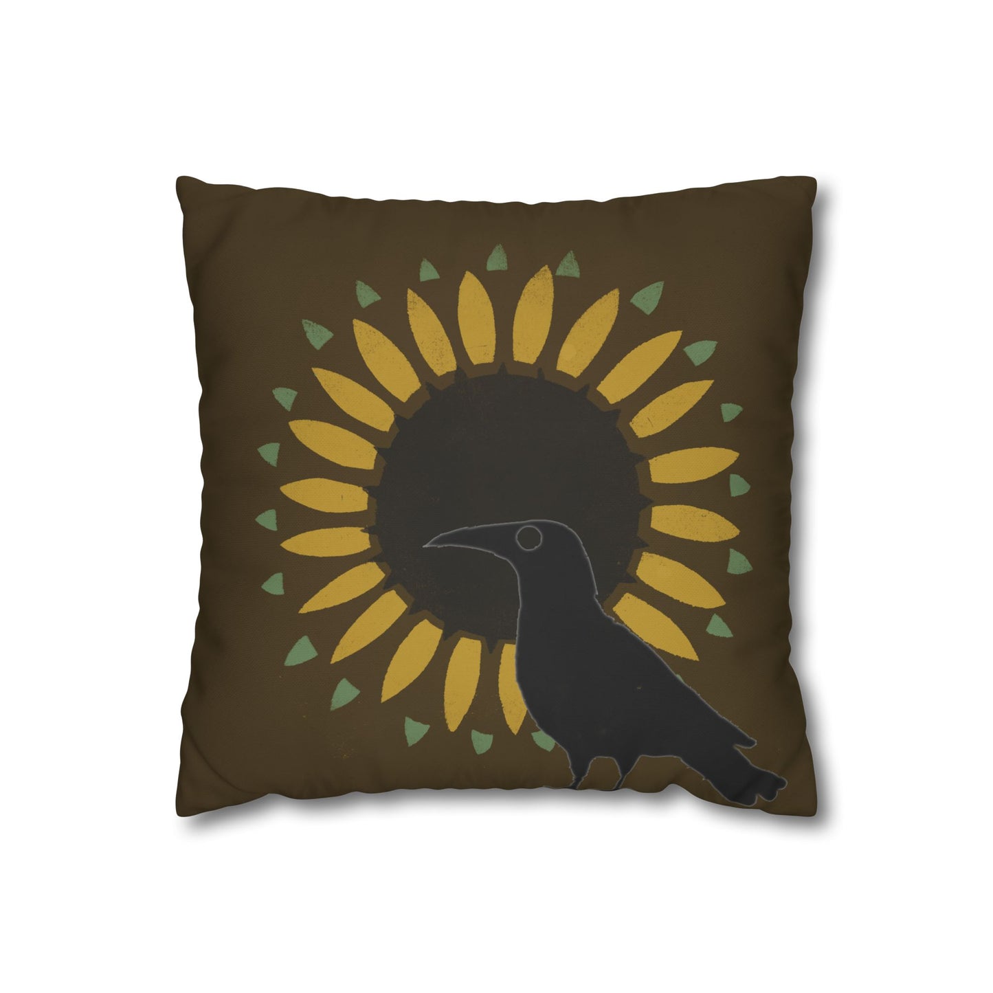 Sunflower and Crow on Brown/Green Square Poly Canvas Pillowcase