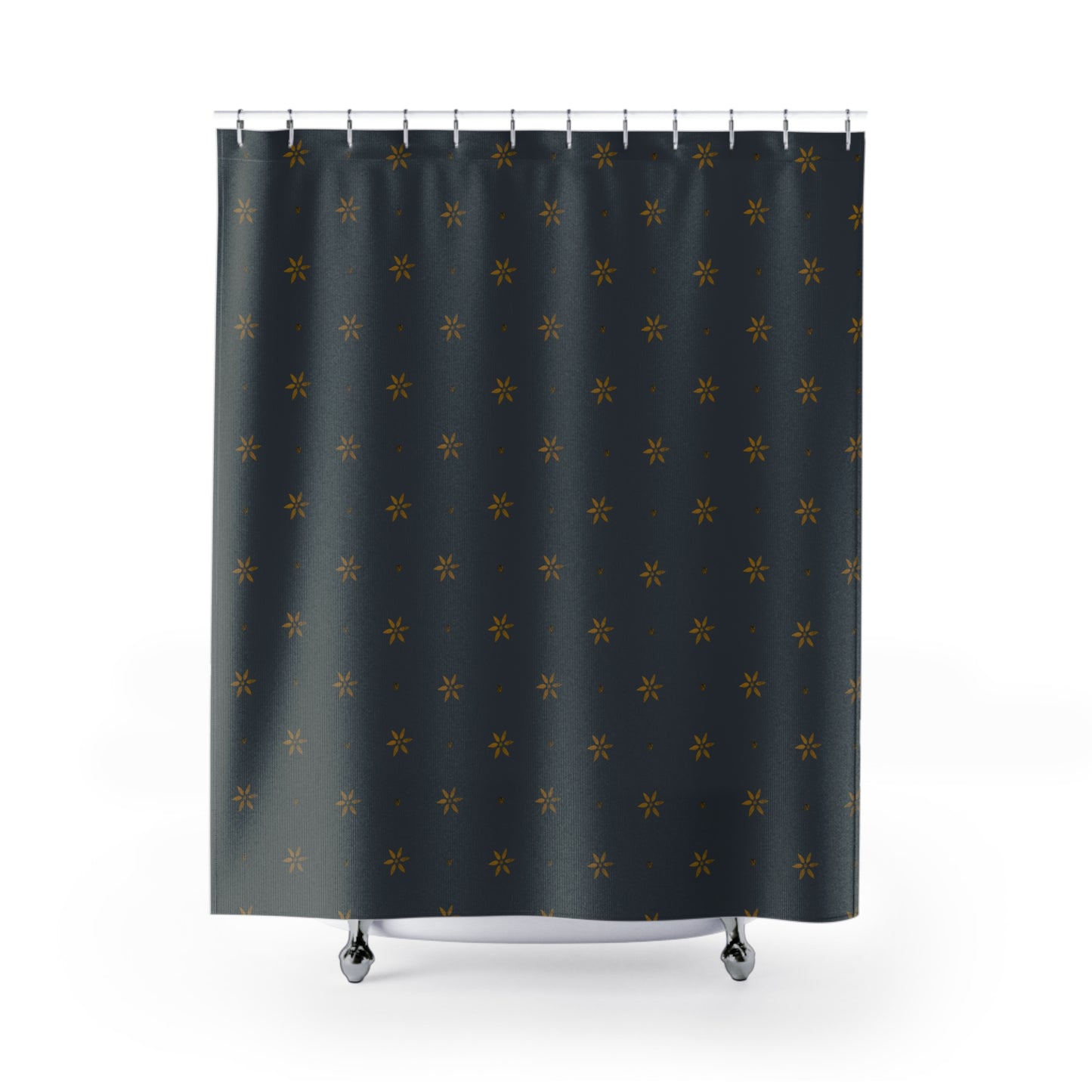 Mustard Stencil on Blue Early American Petals Shower Curtains