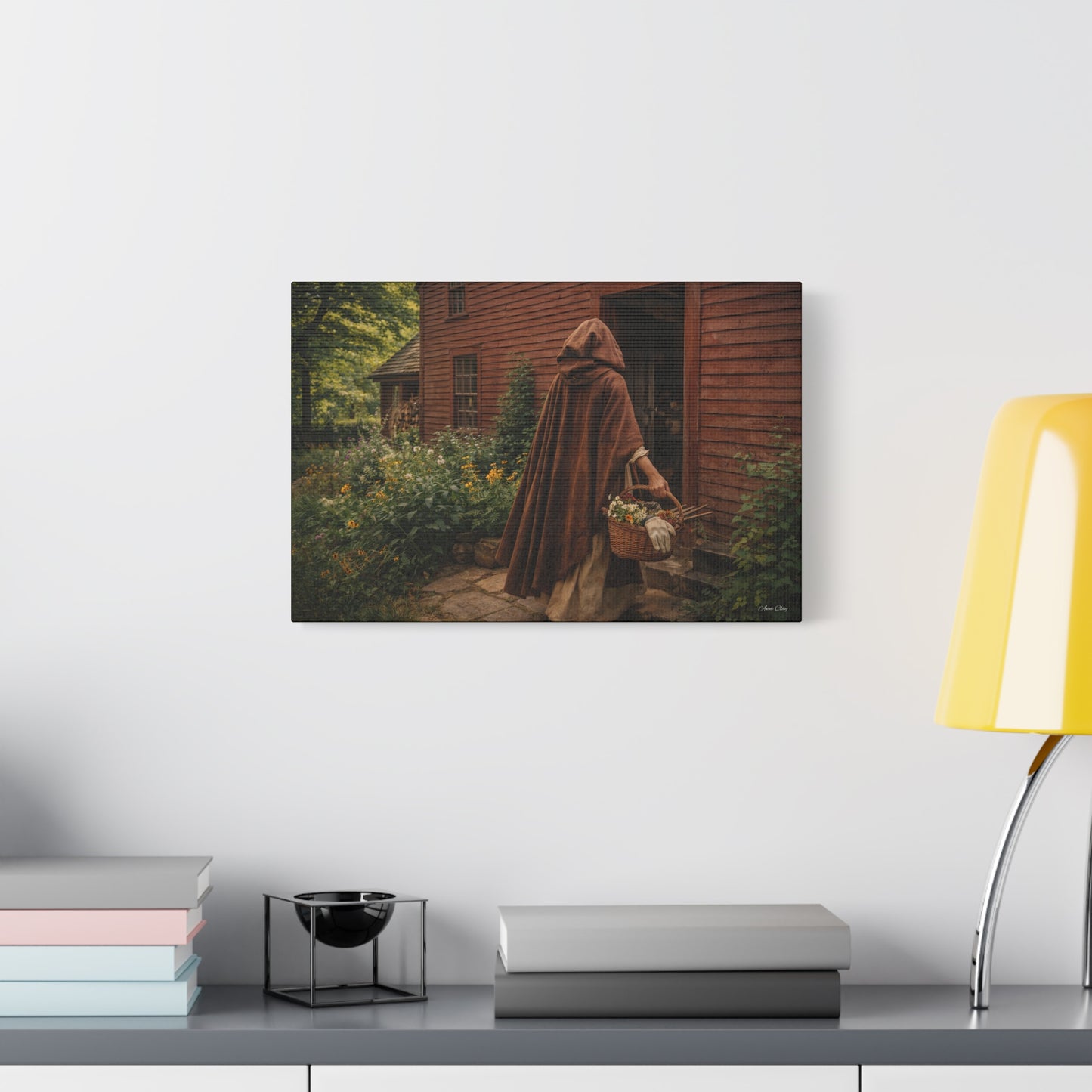 Domestic Rustic Cottage Woman Canvas Wall Art – Vintage Cloak & Basket Matte Stretched Print