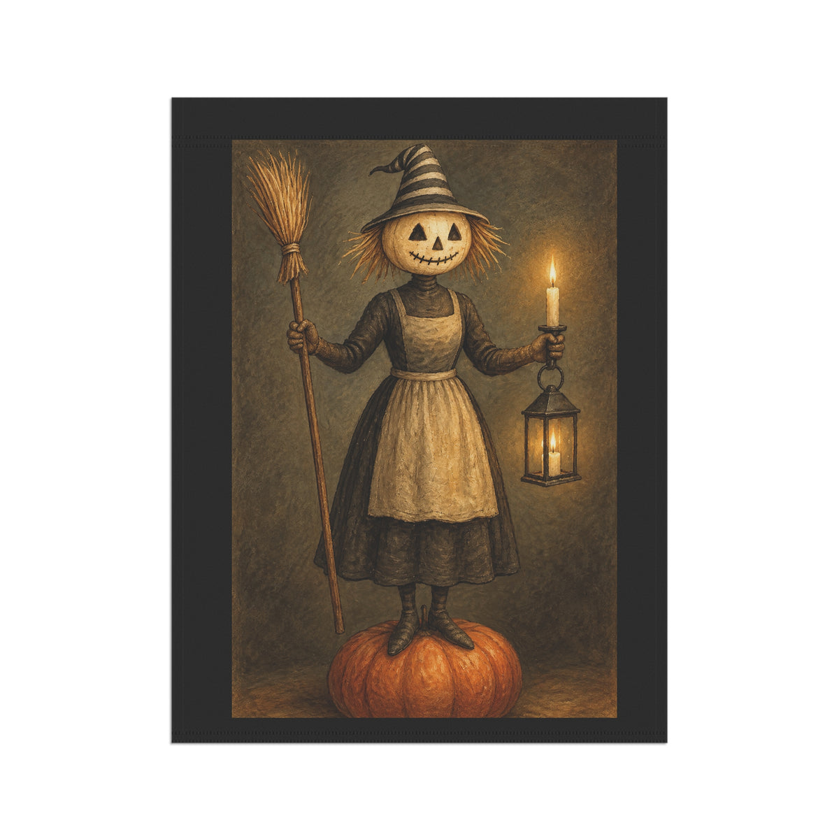 Halloween Scarecrow Garden Flag — Vintage Jack-o'-Lantern Lady Holding Lantern