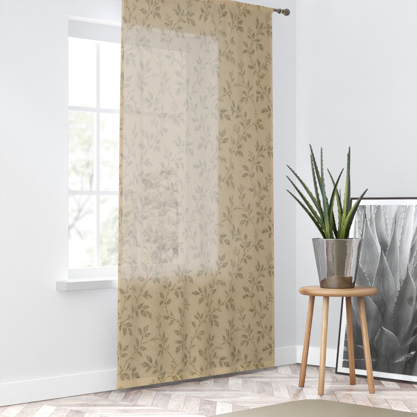 Beige Botanical Sheer Curtain – Light-Filtering Floral Window Panel