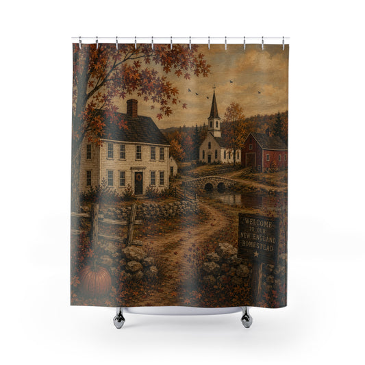 Autumn Village Shower Curtain — Cozy Fall Country Church Bathroom Decor