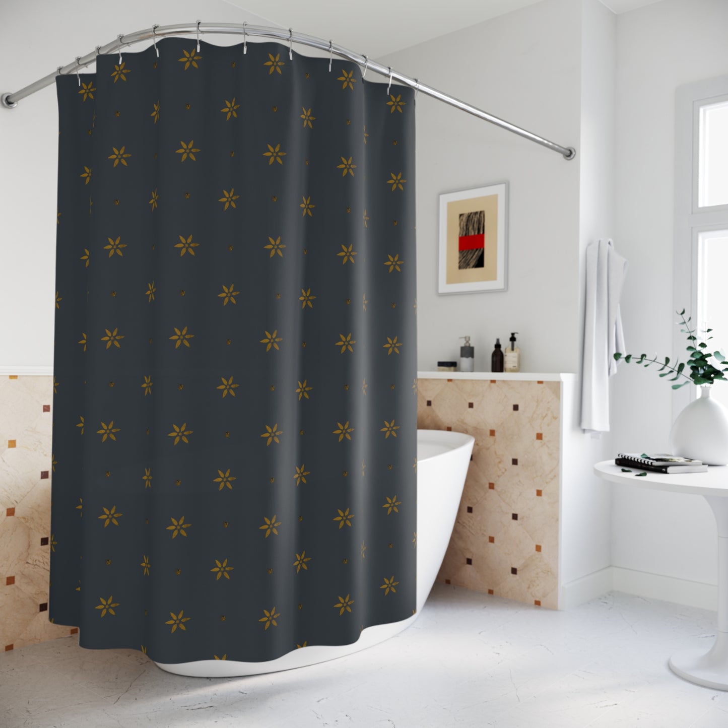 Mustard Stencil on Blue Early American Petals Shower Curtains