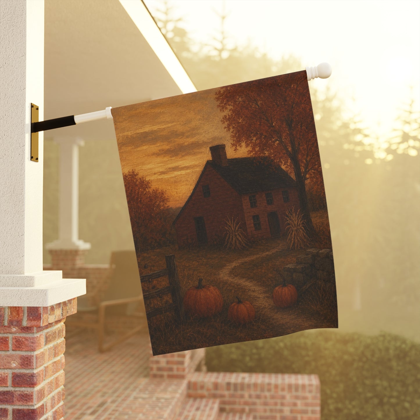 Autumn Farmhouse Garden Flag — Rustic Pumpkin House Fall Banner