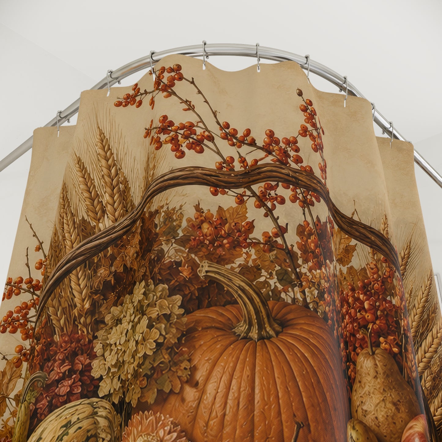 Autumn Harvest Shower Curtain — Rustic Pumpkin & Gourd Basket Fall Bathroom Decor