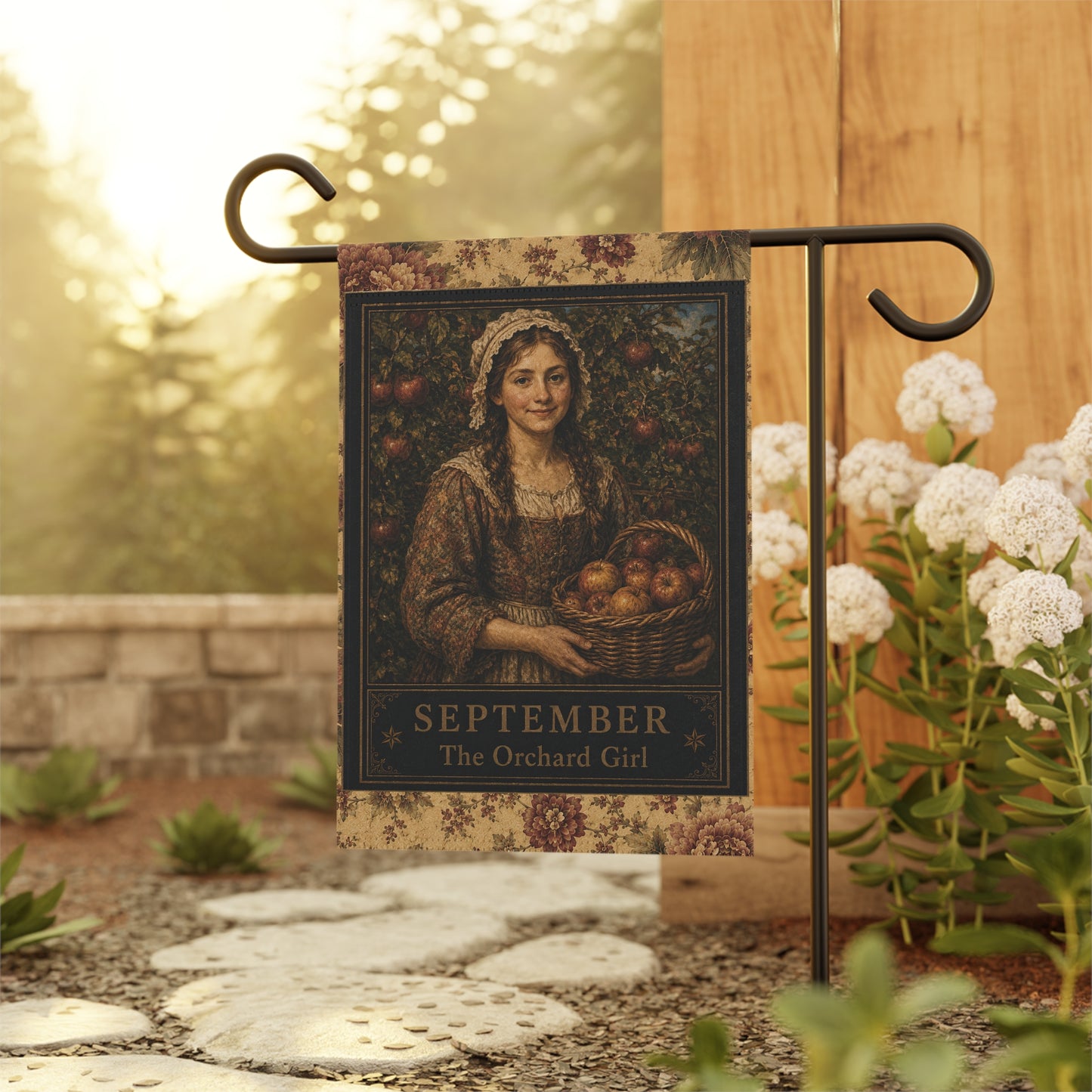 September Orchard Girl Garden Flag – Vintage Harvest House Banner