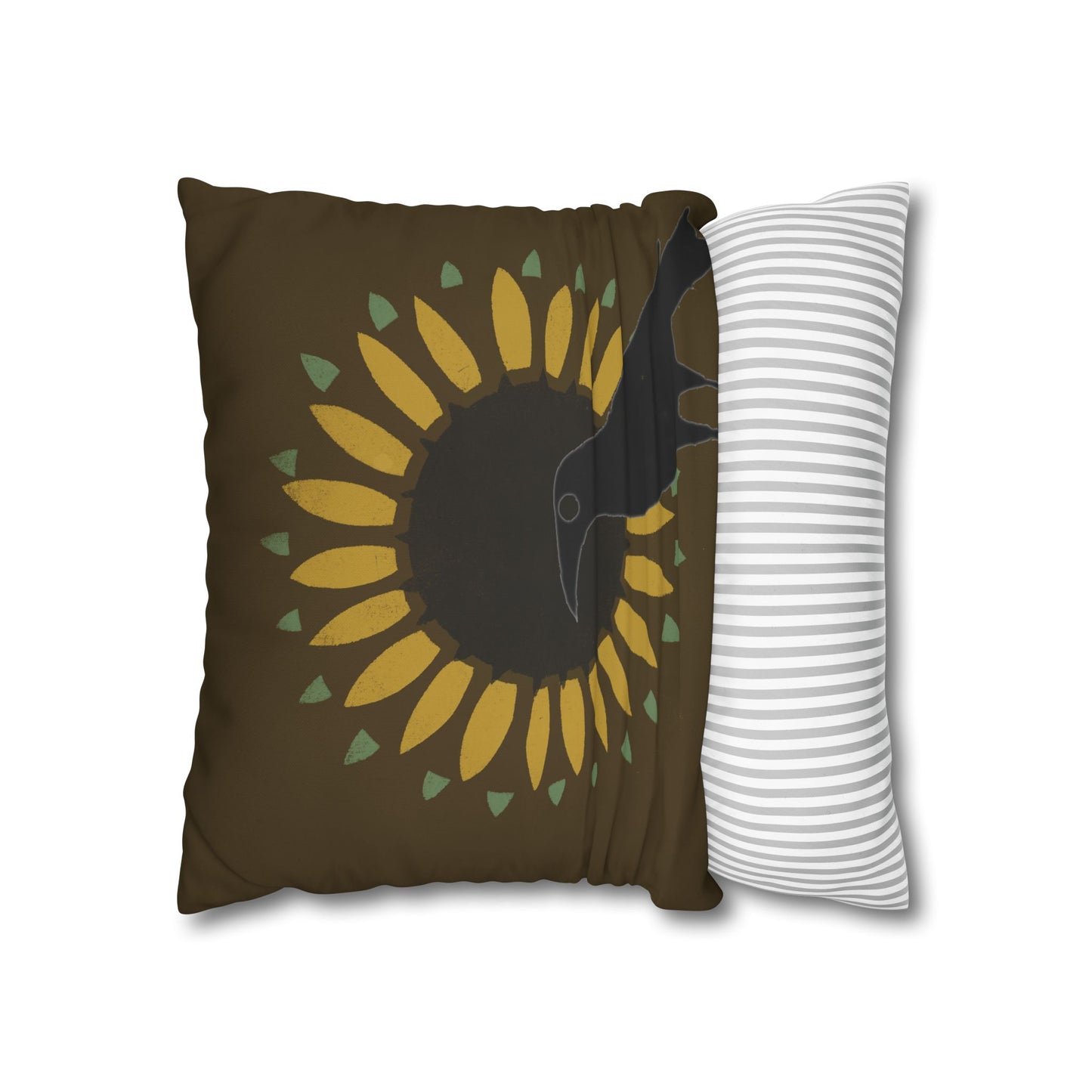Sunflower and Crow on Brown/Green Square Poly Canvas Pillowcase