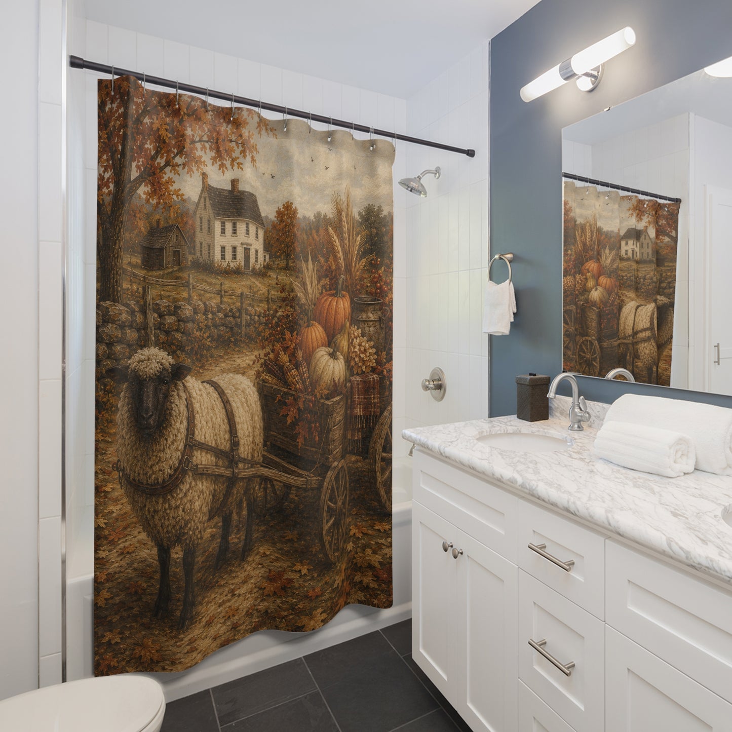 Autumn Harvest Shower Curtain — Rustic Farmhouse Fall Pumpkins & Hay Wagon Bath Decor