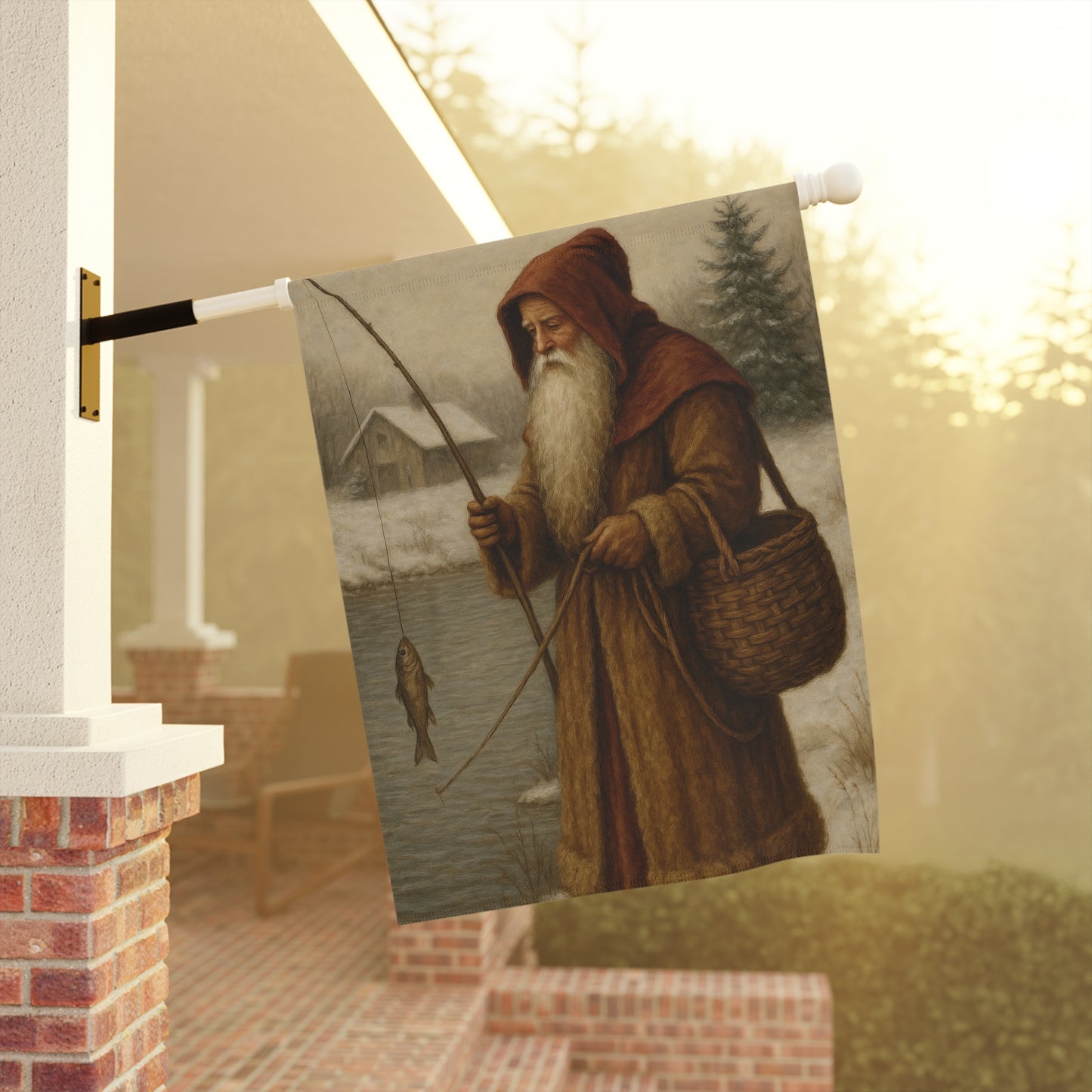 Fishing Decor Garden Banner with Winter Scene
