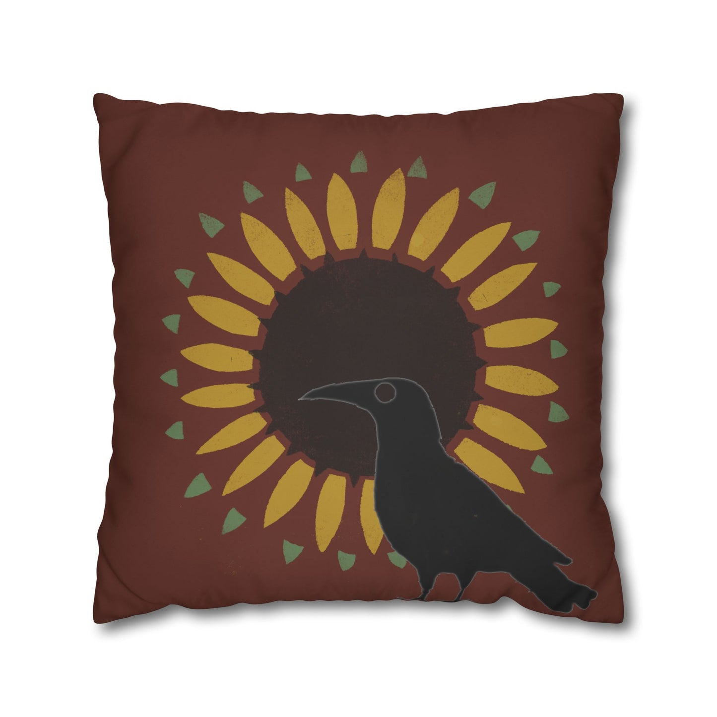 Crow and Sunflower Stencil on Red Square Poly Canvas Pillowcase